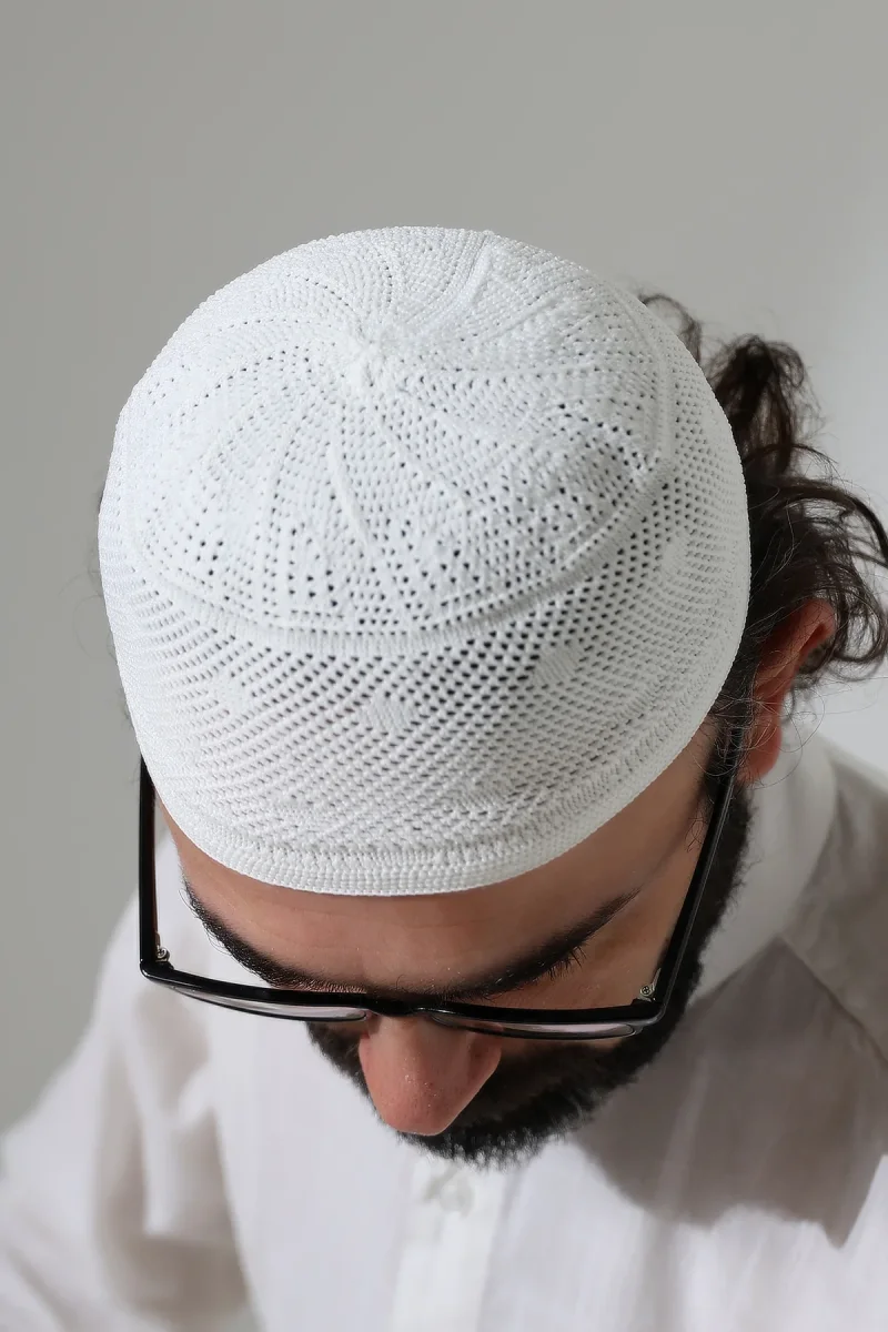 Dantel Detaylı Namaz Takkesi, Makine Örgüsü Takke Beyaz - 2