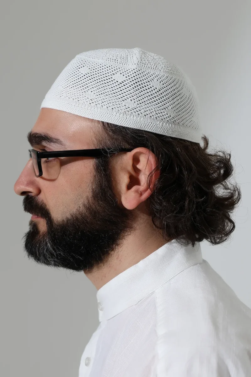 Dantel Detaylı Namaz Takkesi, Makine Örgüsü Takke Beyaz - 4