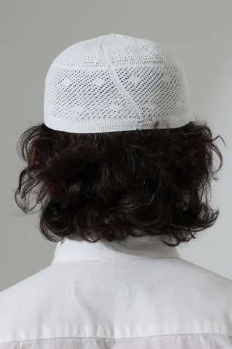 Dantel Detaylı Namaz Takkesi, Makine Örgüsü Takke Beyaz - 7