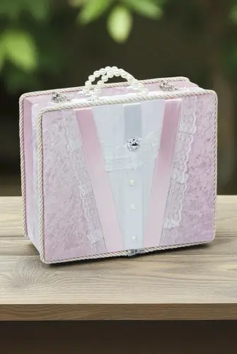 Dantel Süslemeli İnci Kulplu Çeyizlik Gelin Bohça Sandık - Pembe 