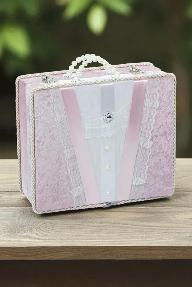 Dantel Süslemeli İnci Kulplu Çeyizlik Gelin Bohça Sandık - Pembe - 1