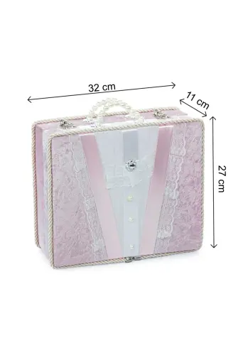 Dantel Süslemeli İnci Kulplu Çeyizlik Gelin Bohça Sandık - Pembe - 3