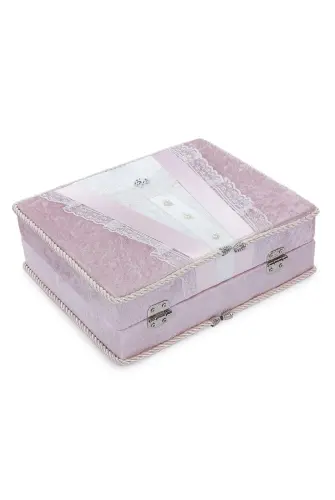 Dantel Süslemeli İnci Kulplu Çeyizlik Gelin Bohça Sandık - Pembe - 5