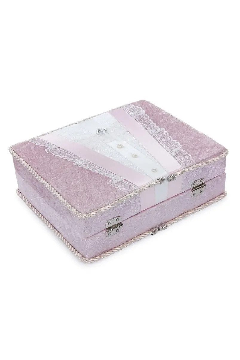 Dantel Süslemeli İnci Kulplu Çeyizlik Gelin Bohça Sandık - Pembe - 5