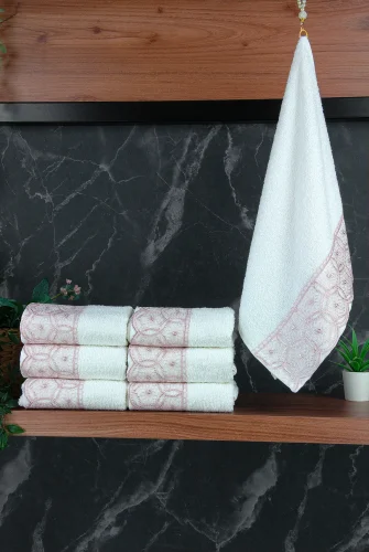 Dantelli Güpürlü Lüks %100 Pamuk Çeyizlik 6 lı El Yüz Havlu Seti 40X70 - Pembe - 4400 