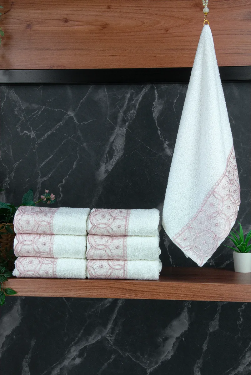 Dantelli Güpürlü Lüks %100 Pamuk Çeyizlik 6 lı El Yüz Havlu Seti 40X70 - Pembe - 4400 - 1