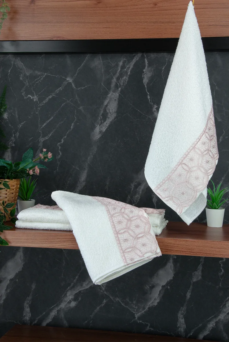 Dantelli Güpürlü Lüks %100 Pamuk Çeyizlik 6 lı El Yüz Havlu Seti 40X70 - Pembe - 4400 - 2