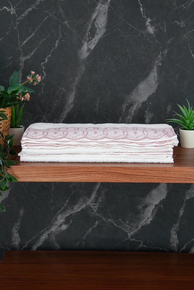 Dantelli Güpürlü Lüks %100 Pamuk Çeyizlik 6 lı El Yüz Havlu Seti 40X70 - Pembe - 4400 - 6