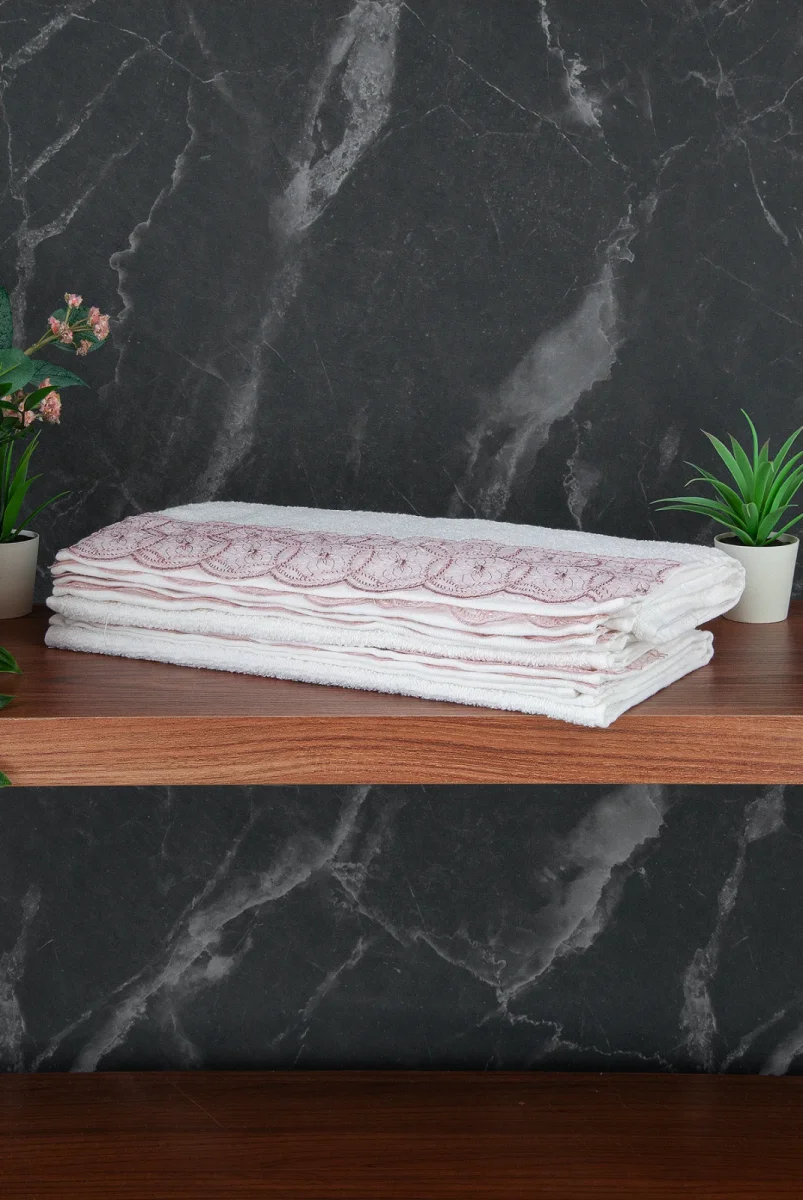 Dantelli Güpürlü Lüks %100 Pamuk Çeyizlik 6 lı El Yüz Havlu Seti 40X70 - Pembe - 4400 - 7