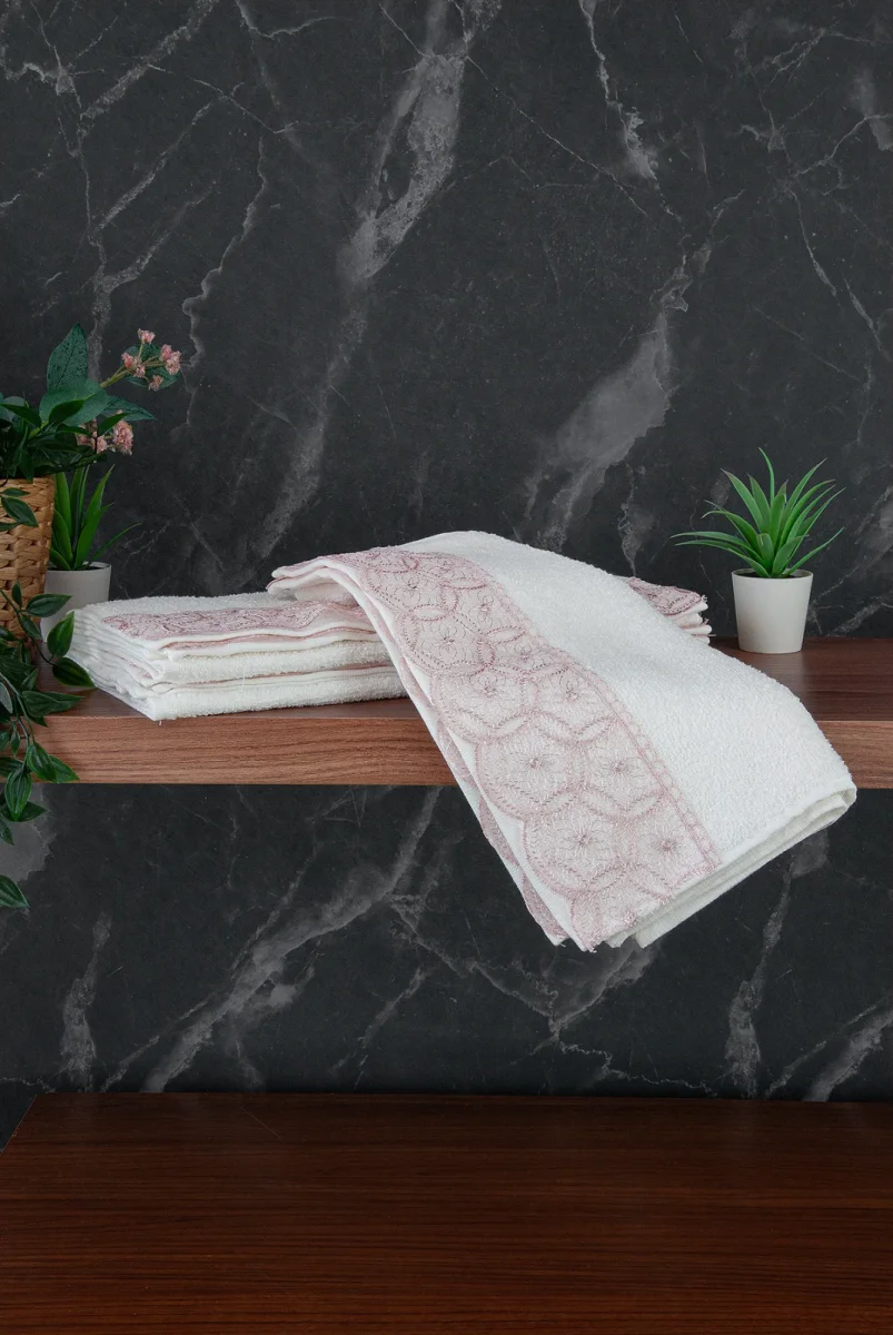 Dantelli Güpürlü Lüks %100 Pamuk Çeyizlik 6 lı El Yüz Havlu Seti 40X70 - Pembe - 4400 - 5
