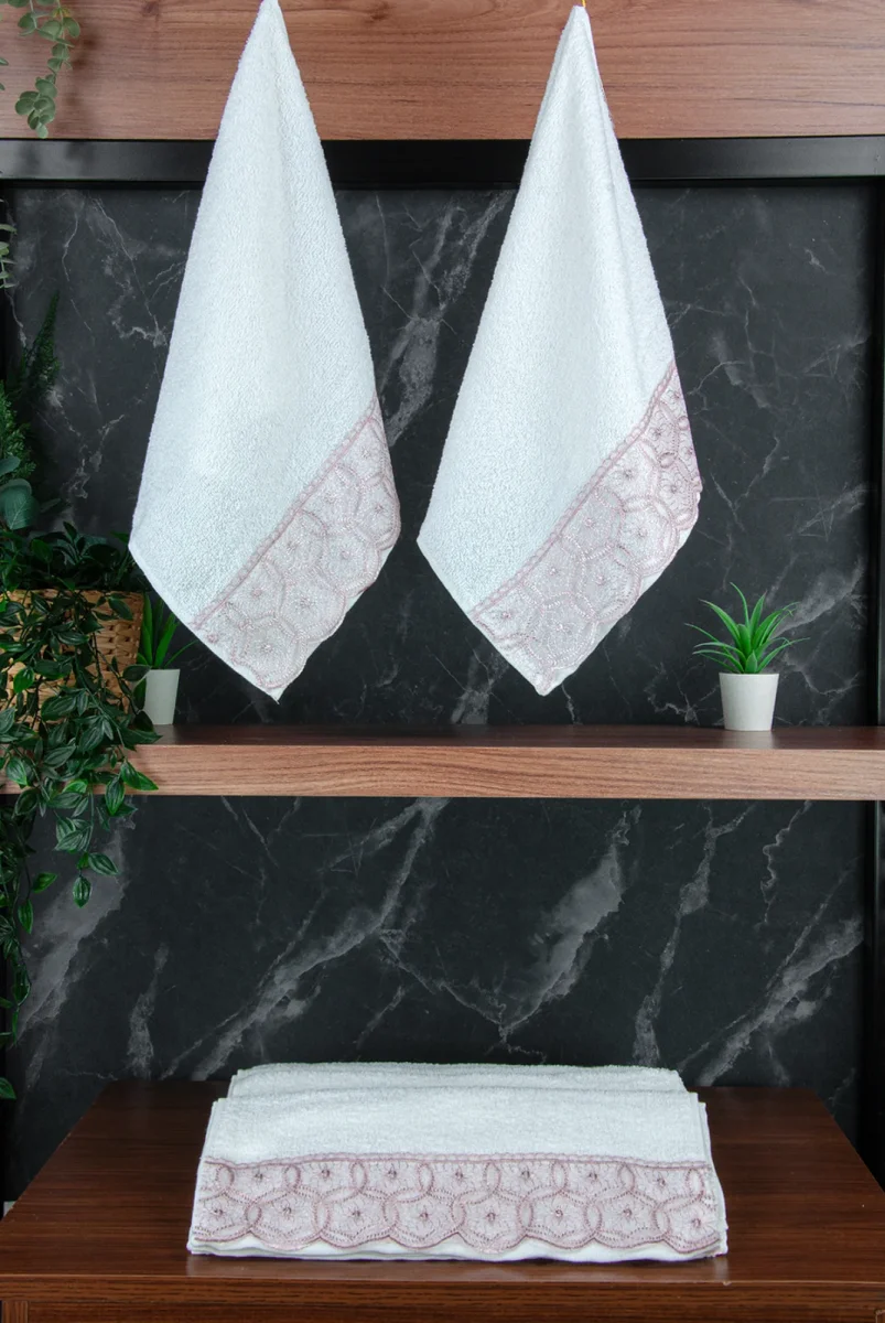 Dantelli Güpürlü Lüks %100 Pamuk Çeyizlik 6 lı El Yüz Havlu Seti 40X70 - Pembe - 4400 - 3