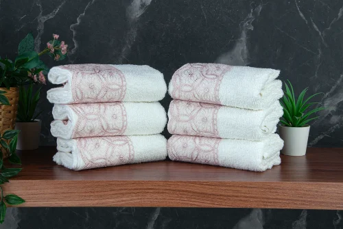 Dantelli Güpürlü Lüks %100 Pamuk Çeyizlik 6 lı El Yüz Havlu Seti 40X70 - Pembe - 4400 - 4