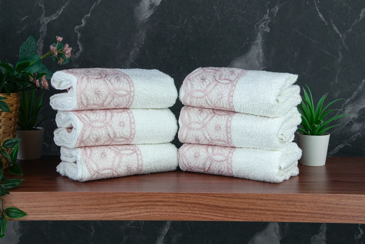 Dantelli Güpürlü Lüks %100 Pamuk Çeyizlik 6 lı El Yüz Havlu Seti 40X70 - Pembe - 4400 - 4