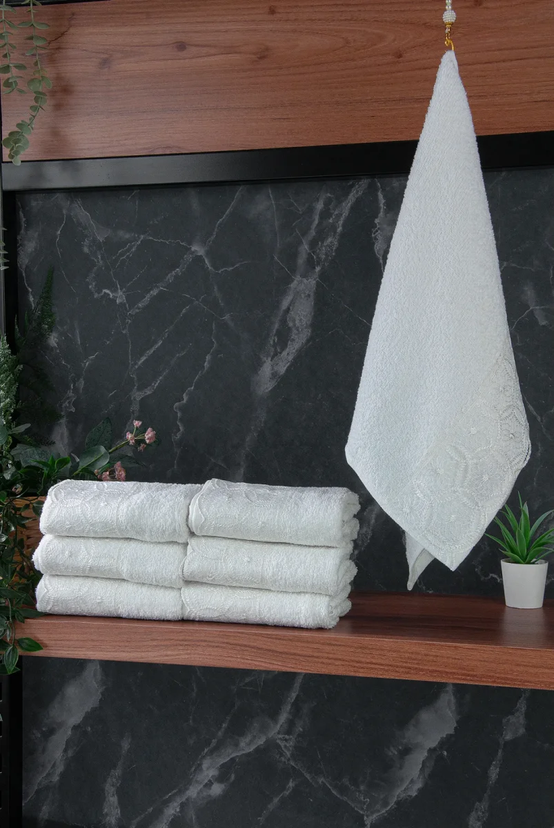 Dantelli Güpürlü Lüks %100 Pamuk Çeyizlik 6 lı El Yüz Havlu Seti 40X70 - Beyaz - 4400 - 1