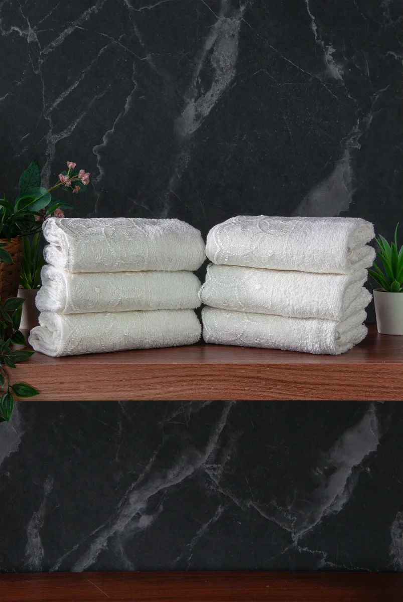 Dantelli Güpürlü Lüks %100 Pamuk Çeyizlik 6 lı El Yüz Havlu Seti 40X70 - Beyaz - 4400 - 3