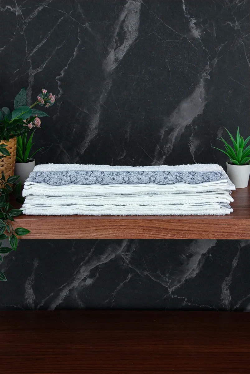Dantelli Güpürlü Lüks %100 Pamuk Çeyizlik 6 lı El Yüz Havlu Seti 40X70 - Gri - 4400 - 4
