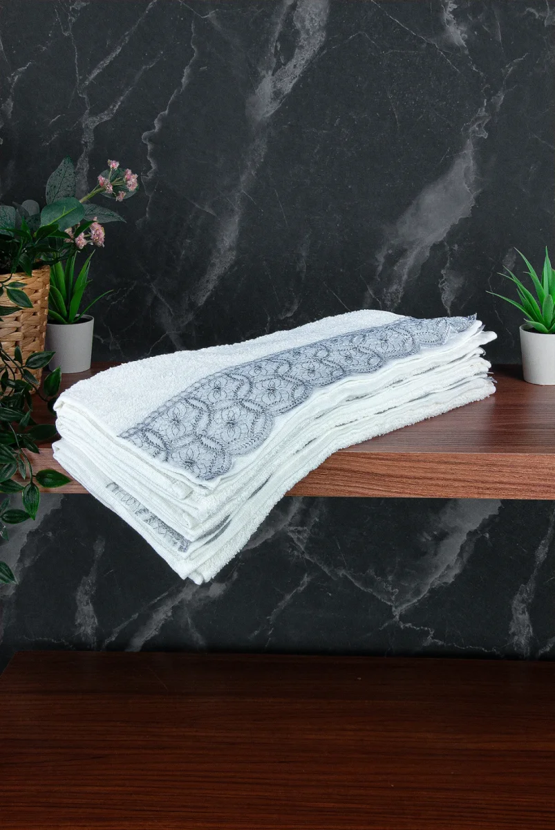 Dantelli Güpürlü Lüks %100 Pamuk Çeyizlik 6 lı El Yüz Havlu Seti 40X70 - Gri - 4400 - 5