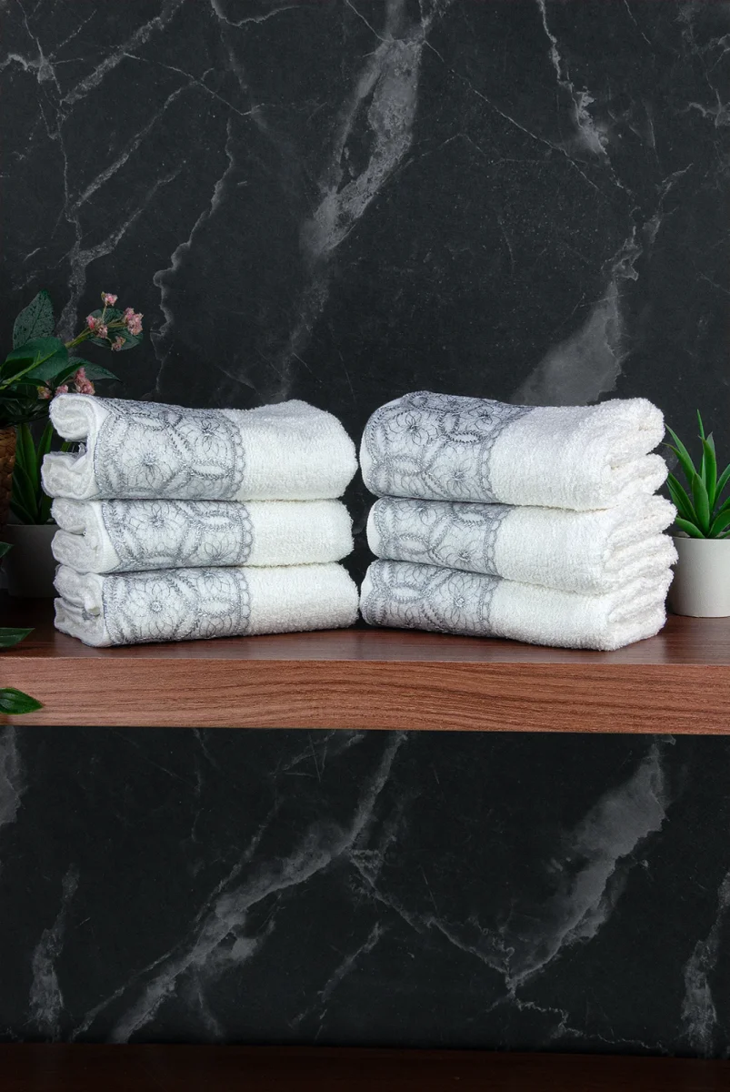 Dantelli Güpürlü Lüks %100 Pamuk Çeyizlik 6 lı El Yüz Havlu Seti 40X70 - Gri - 4400 - 3