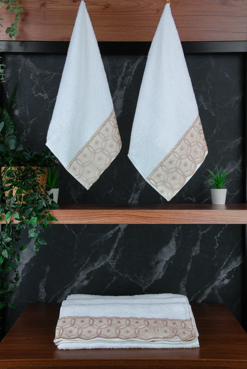 Dantelli Güpürlü Lüks %100 Pamuk Çeyizlik 6 lı El Yüz Havlu Seti 40X70 - Sarı - 4400 - 2