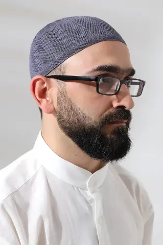 Dark Gray Knitted Prayer Skull with Sapphire Lace Detail - ihvanonline (1)