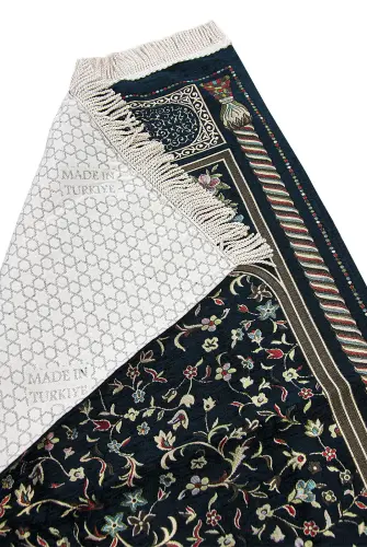 Dark Navy Blue Floral Ravza Patterned Lined Chenille Prayer Rug - 2