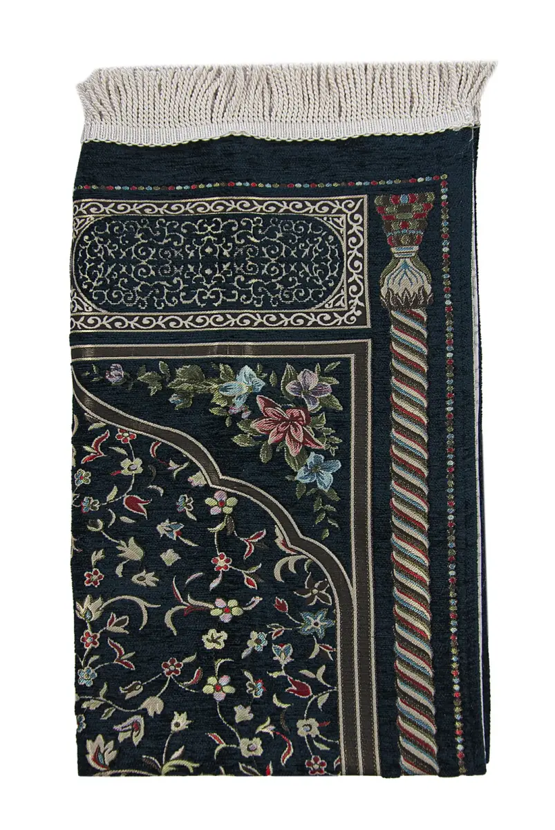 Dark Navy Blue Floral Ravza Patterned Lined Chenille Prayer Rug - 3