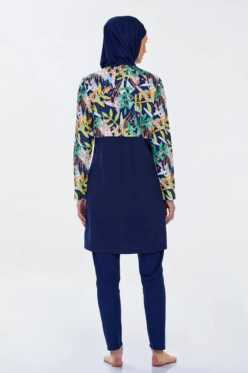 Dark Navy Full-Coverage Hijab Swimsuit with Rose Pattern and Water-Repellent Pinafore - 5