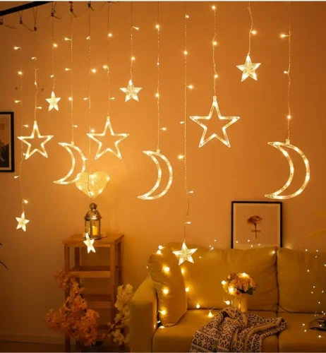 Dekoratif Ay Yıldız Perde LED Işık – 8 Fonksiyonlu Gün Işığı Ramazan Süslemesi - 1