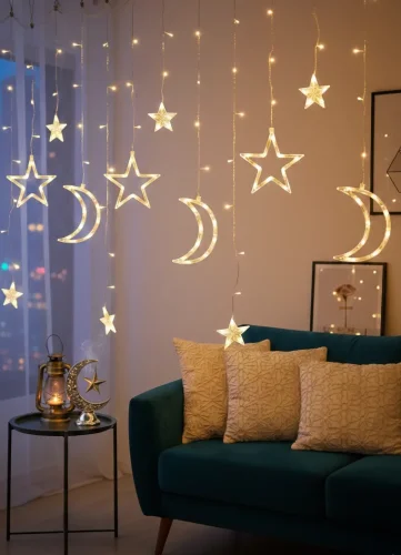 Dekoratif Ay Yıldız Perde LED Işık – 8 Fonksiyonlu Gün Işığı Ramazan Süslemesi - 3