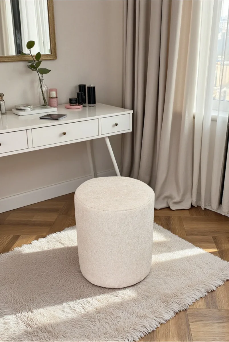 Dekoratif Silindir Puf – Ahşap İskeletli, Oturma ve Yatak Odası Pufu - Krem - (40x36 cm) - 1