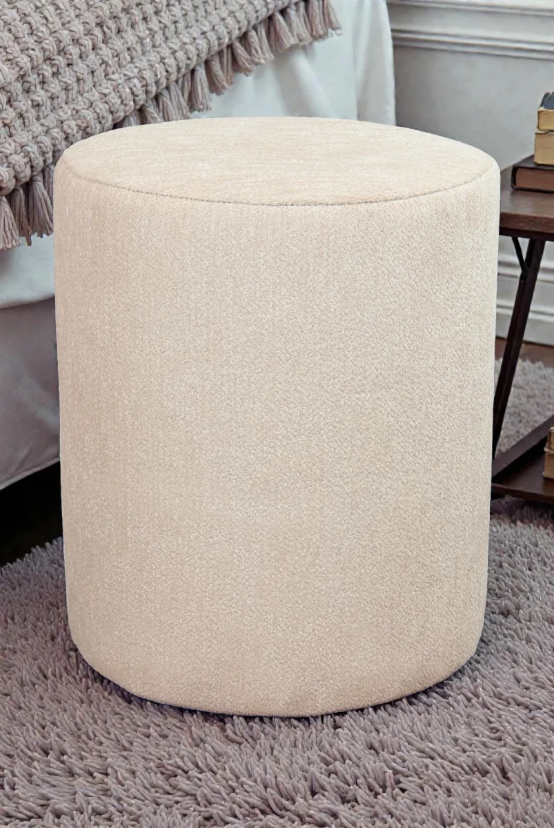 Dekoratif Silindir Puf – Ahşap İskeletli, Oturma ve Yatak Odası Pufu - Krem - (40x36 cm) - 2