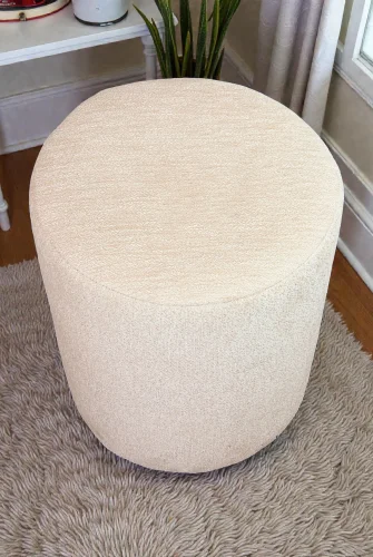 Dekoratif Silindir Puf – Ahşap İskeletli, Oturma ve Yatak Odası Pufu - Krem - (40x36 cm) - 4