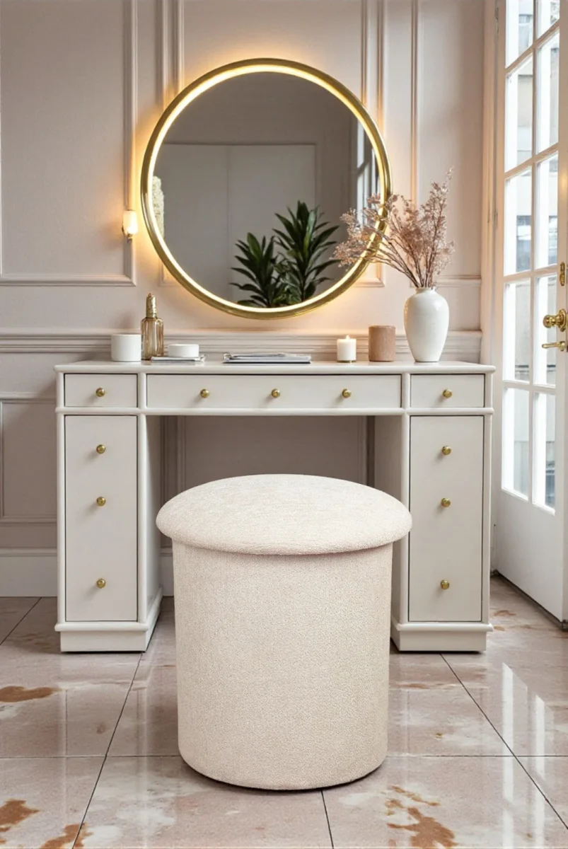 Dekoratif Silindir Sandıklı Puf – Çok Amaçlı Oturma ve Yatak Odası Pufu - Krem - (40x38 cm) - 1