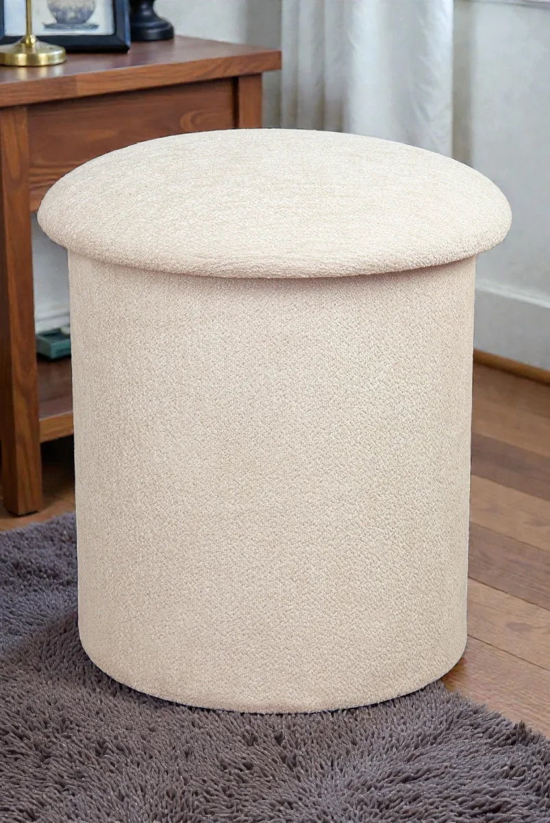 Dekoratif Silindir Sandıklı Puf – Çok Amaçlı Oturma ve Yatak Odası Pufu - Krem - (40x38 cm) - 2