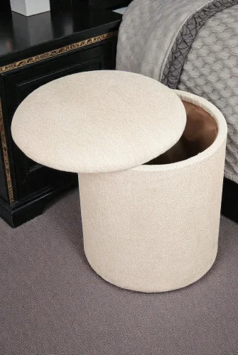 Dekoratif Silindir Sandıklı Puf – Çok Amaçlı Oturma ve Yatak Odası Pufu - Krem - (40x38 cm) - 3