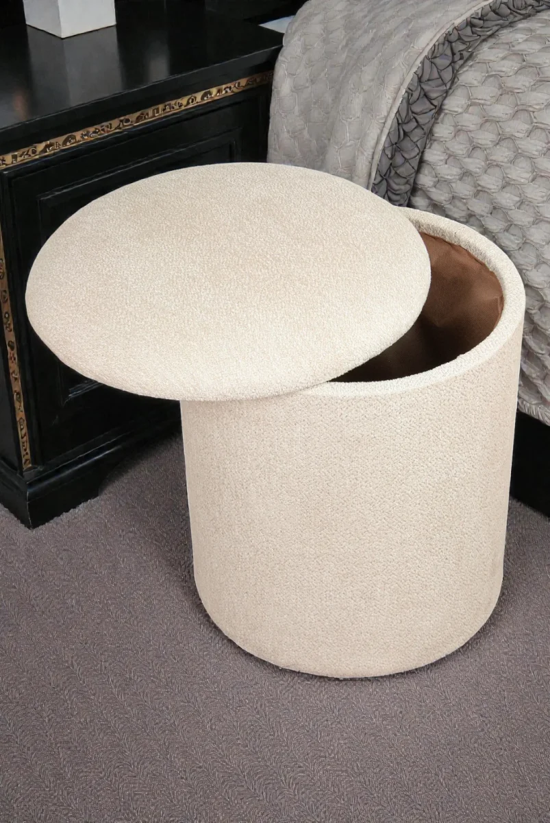 Dekoratif Silindir Sandıklı Puf – Çok Amaçlı Oturma ve Yatak Odası Pufu - Krem - (40x38 cm) - 3