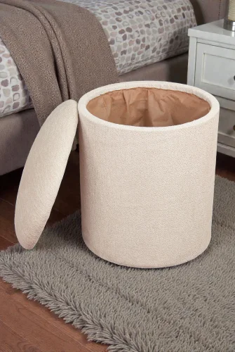 Dekoratif Silindir Sandıklı Puf – Çok Amaçlı Oturma ve Yatak Odası Pufu - Krem - (40x38 cm) - 4