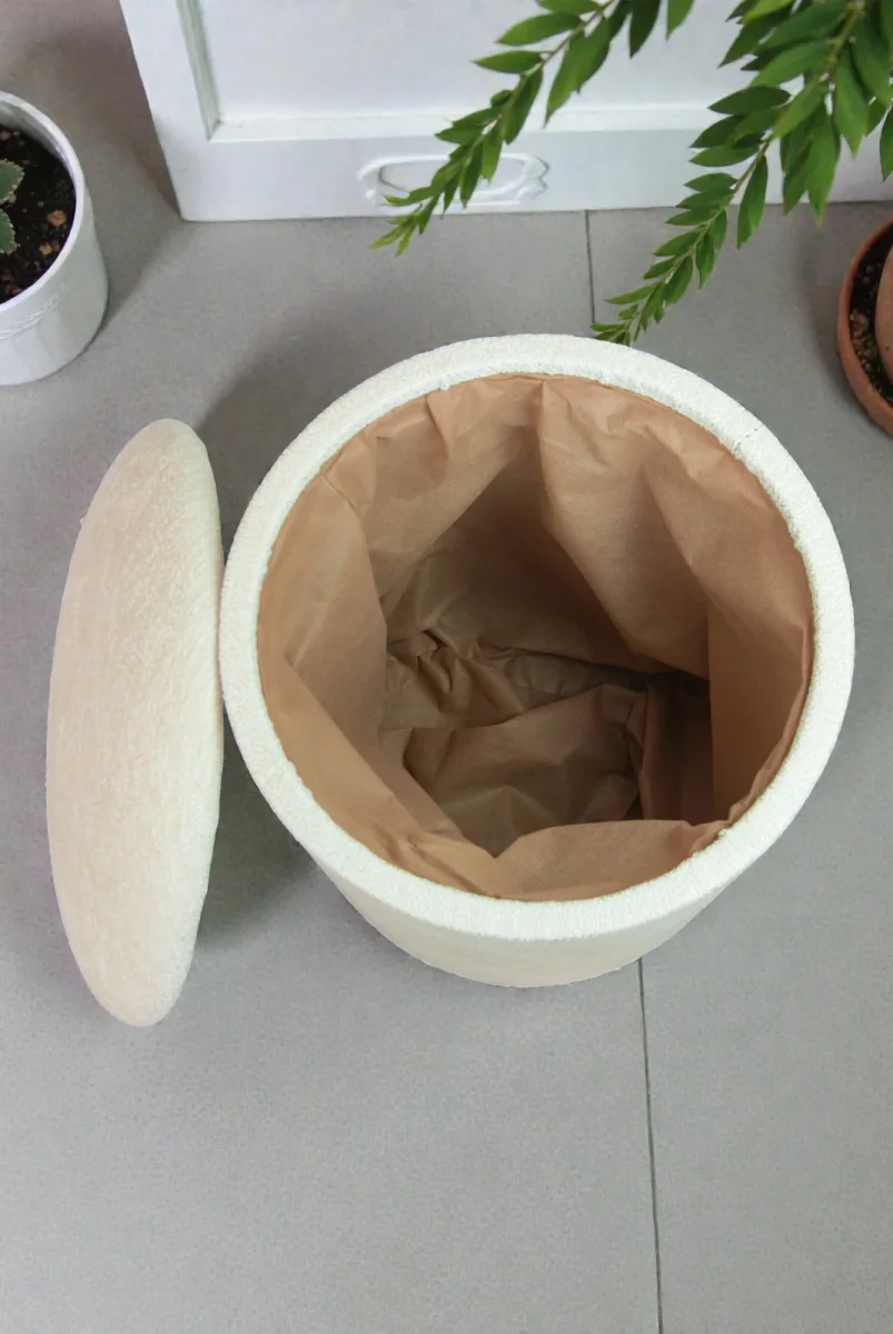 Dekoratif Silindir Sandıklı Puf – Çok Amaçlı Oturma ve Yatak Odası Pufu - Krem - (40x38 cm) - 6