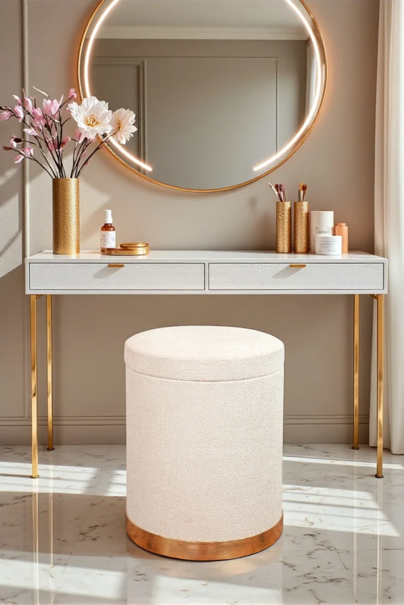 Dekoratif Silindir Sandıklı Varaklı Puf – Çok Amaçlı Oturma ve Yatak Odası Pufu - Krem - (40x34 cm) - 1