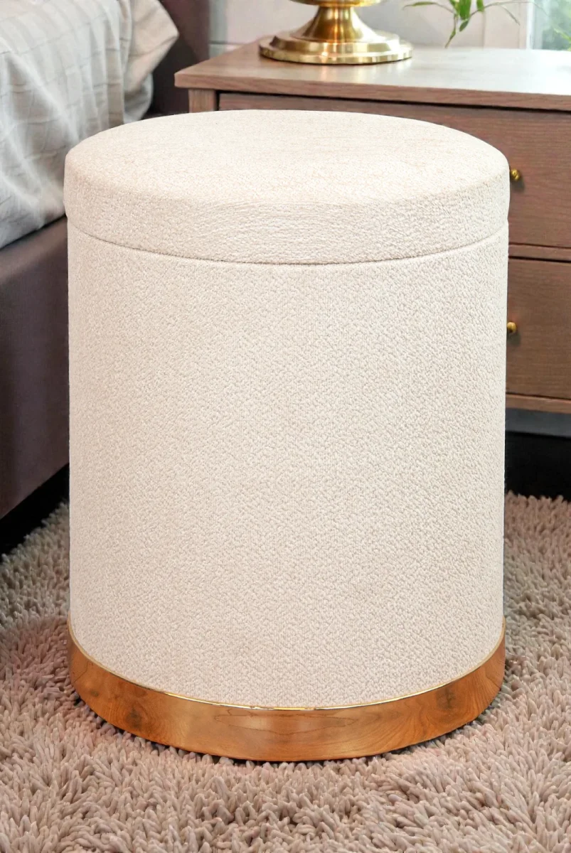 Dekoratif Silindir Sandıklı Varaklı Puf – Çok Amaçlı Oturma ve Yatak Odası Pufu - Krem - (40x34 cm) - 2