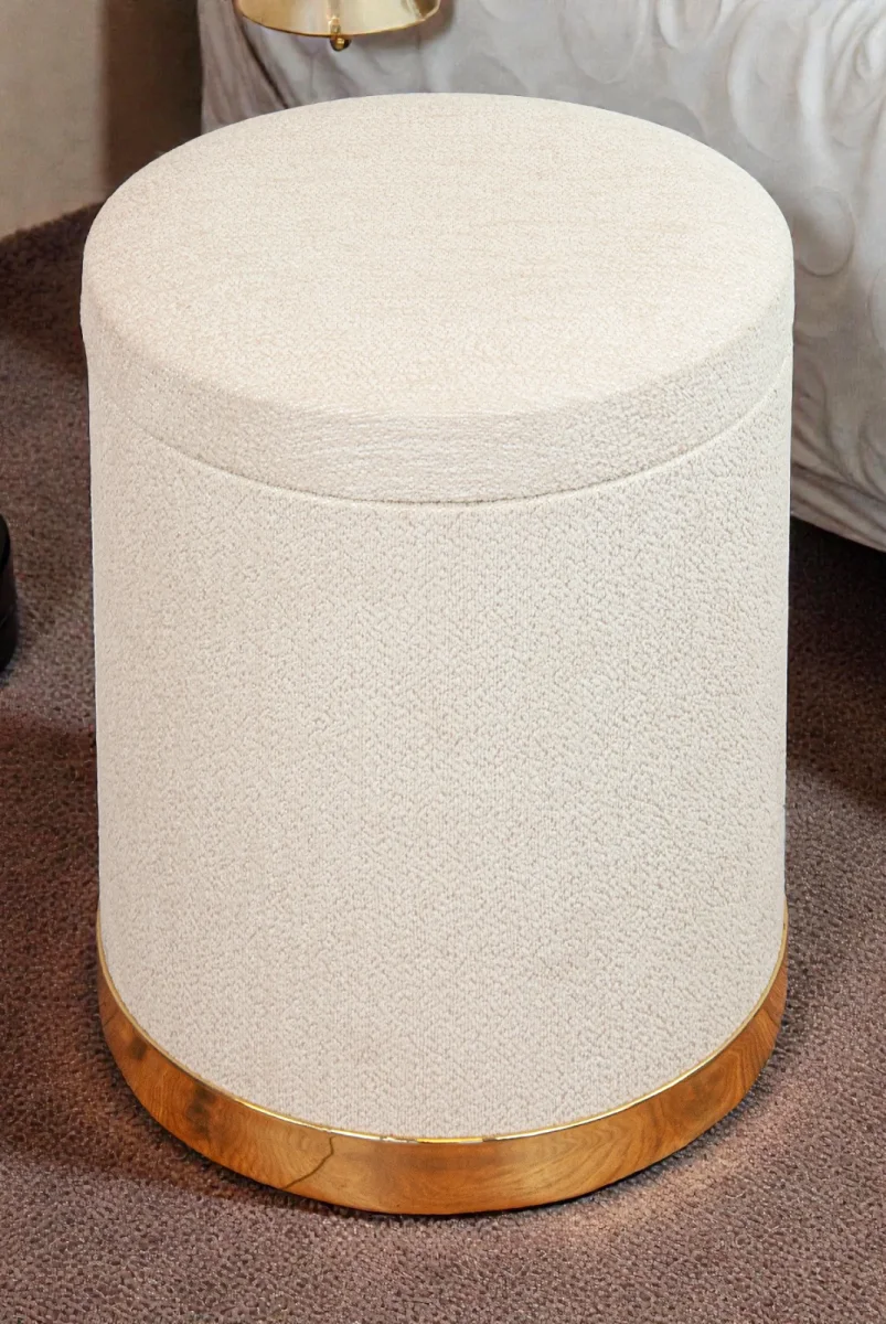 Dekoratif Silindir Sandıklı Varaklı Puf – Çok Amaçlı Oturma ve Yatak Odası Pufu - Krem - (40x34 cm) - 3