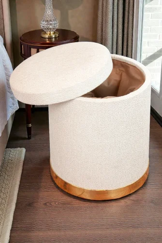 Dekoratif Silindir Sandıklı Varaklı Puf – Çok Amaçlı Oturma ve Yatak Odası Pufu - Krem - (40x34 cm) - 4