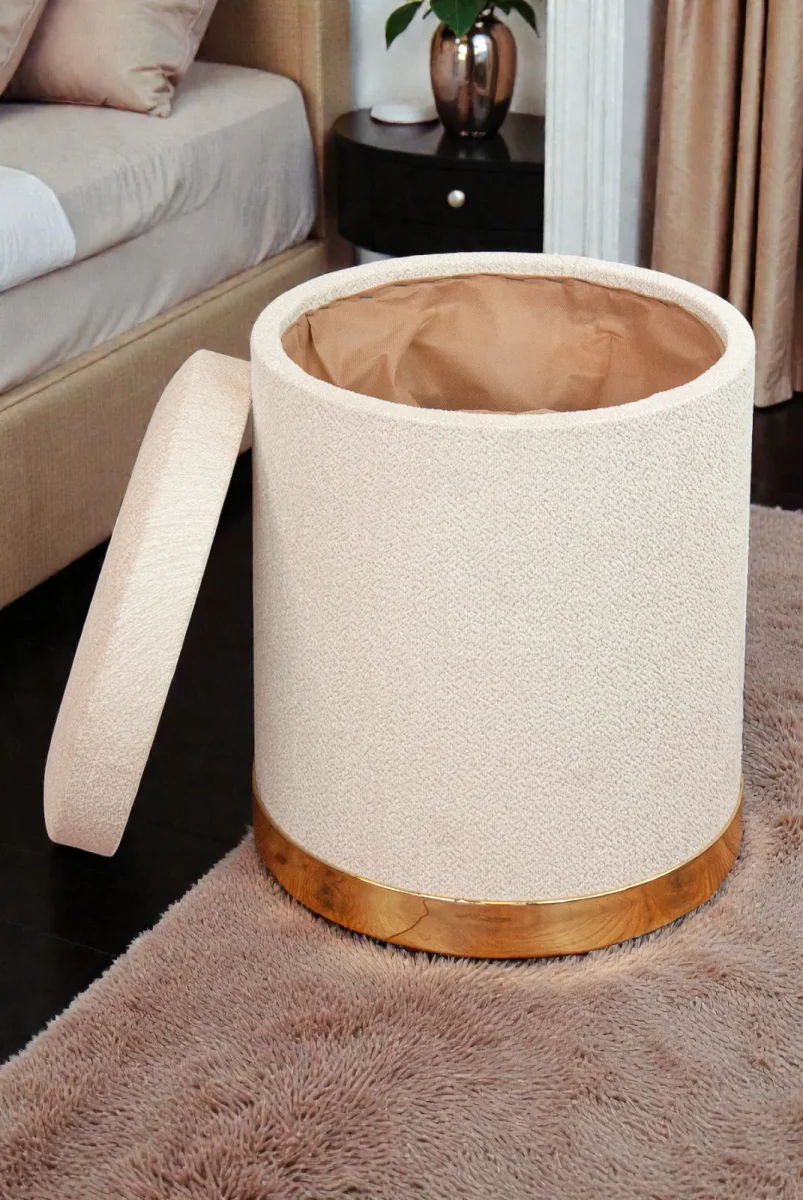 Dekoratif Silindir Sandıklı Varaklı Puf – Çok Amaçlı Oturma ve Yatak Odası Pufu - Krem - (40x34 cm) - 5
