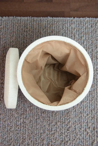 Dekoratif Silindir Sandıklı Varaklı Puf – Çok Amaçlı Oturma ve Yatak Odası Pufu - Krem - (40x34 cm) - 6