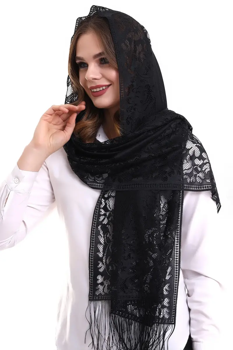 Delicate Cotton Tulle Shawl Black 60x160 - 5
