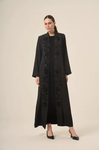 DERİN 6524-25 SİYAH PAYET ÇİÇEKLİ ABAYA - 1