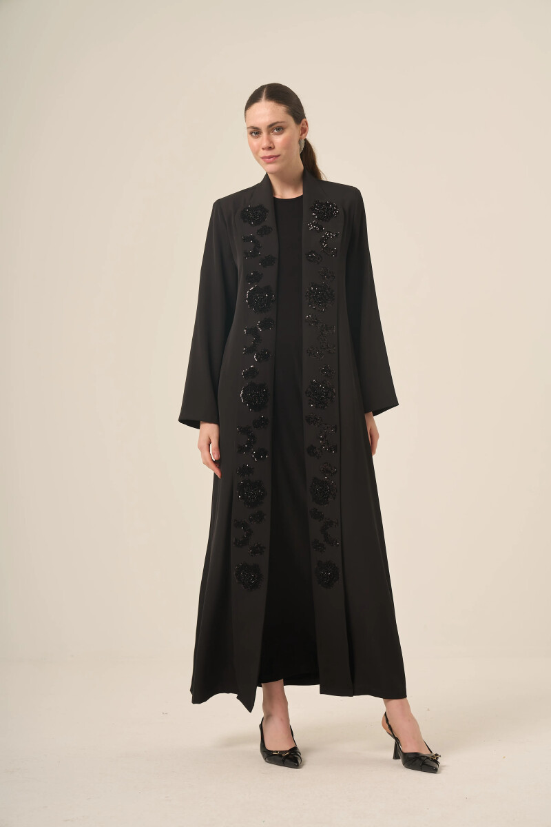 DERİN 6524-25 SİYAH PAYET ÇİÇEKLİ ABAYA - Derin Store