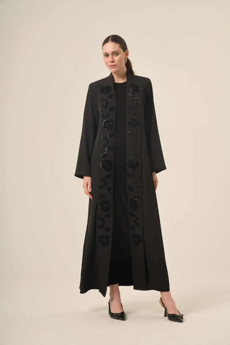 DERİN 6524-25 SİYAH PAYET ÇİÇEKLİ ABAYA - 1