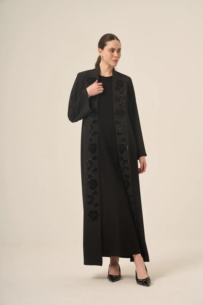 DERİN 6524-25 SİYAH PAYET ÇİÇEKLİ ABAYA - 2