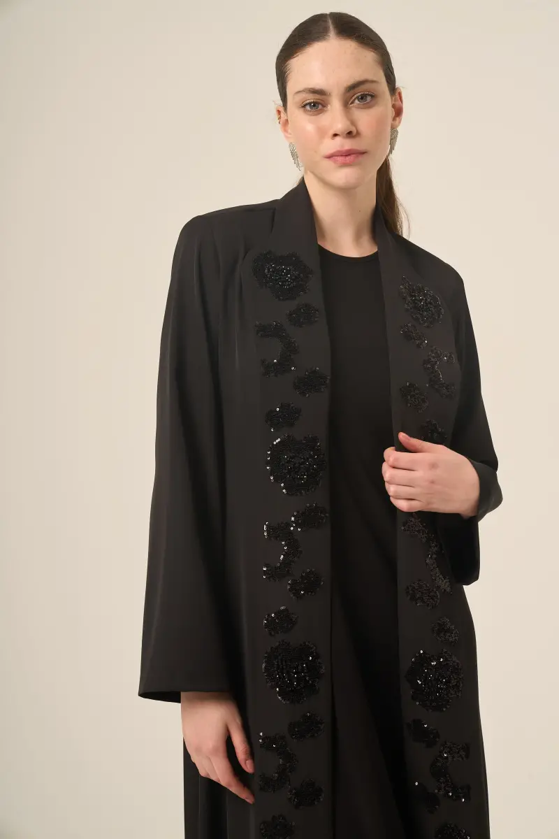 DERİN 6524-25 SİYAH PAYET ÇİÇEKLİ ABAYA - 3